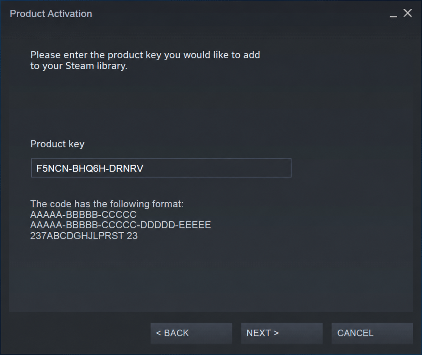 Entering a product key in Steam